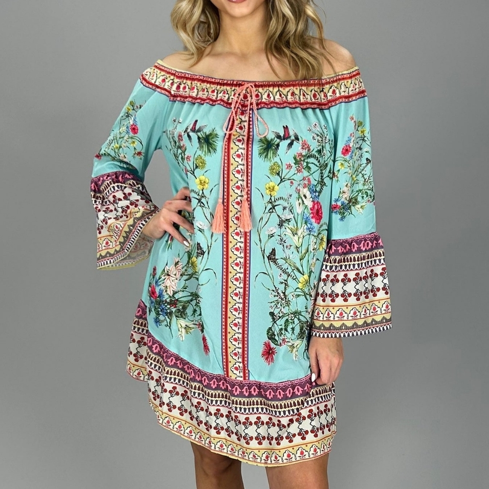 Umgee Multicolor Off the Shoulder Dress, L